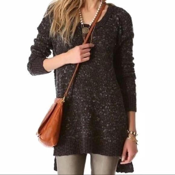 Free People jeepster wool honeycomb sweater charcoal gray boho winter - Picture 1 of 6